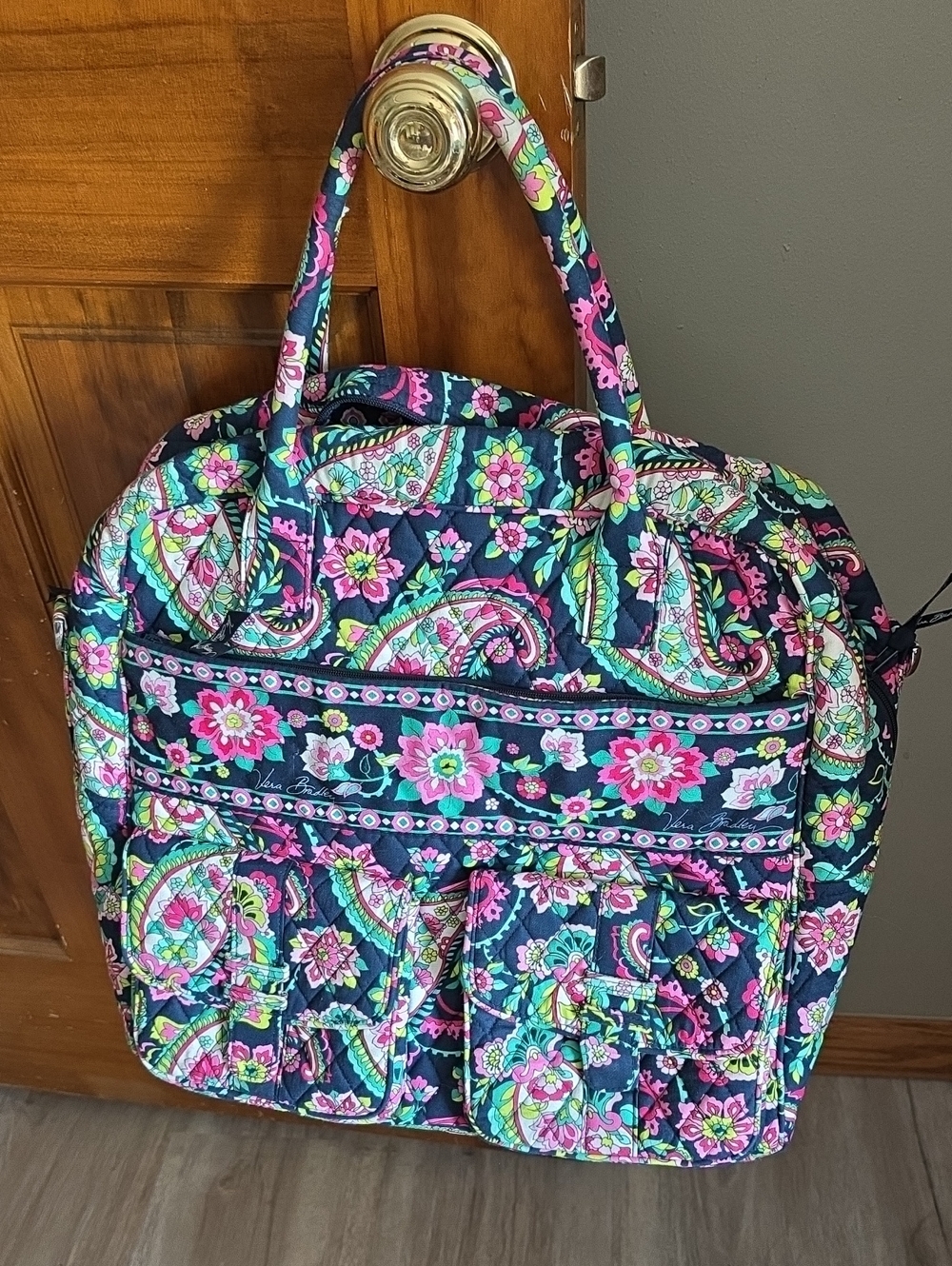 Vera Bradley Navy Quilted Travel Tote with Pink Floral Print